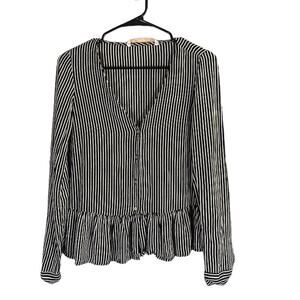 Zara Black Striped Peplum V-Neck Button Front Collared Blouse Women Sz XS